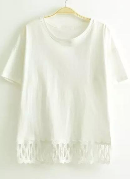 Romwe White Short Sleeve Lace Hem T-shirt