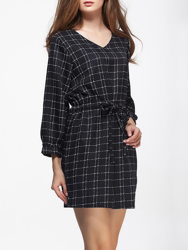 Romwe V-neck Lace Up Slim Plaid Dress