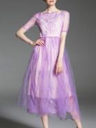 Romwe Purple Gauze Embroidered Lace A-line Dress