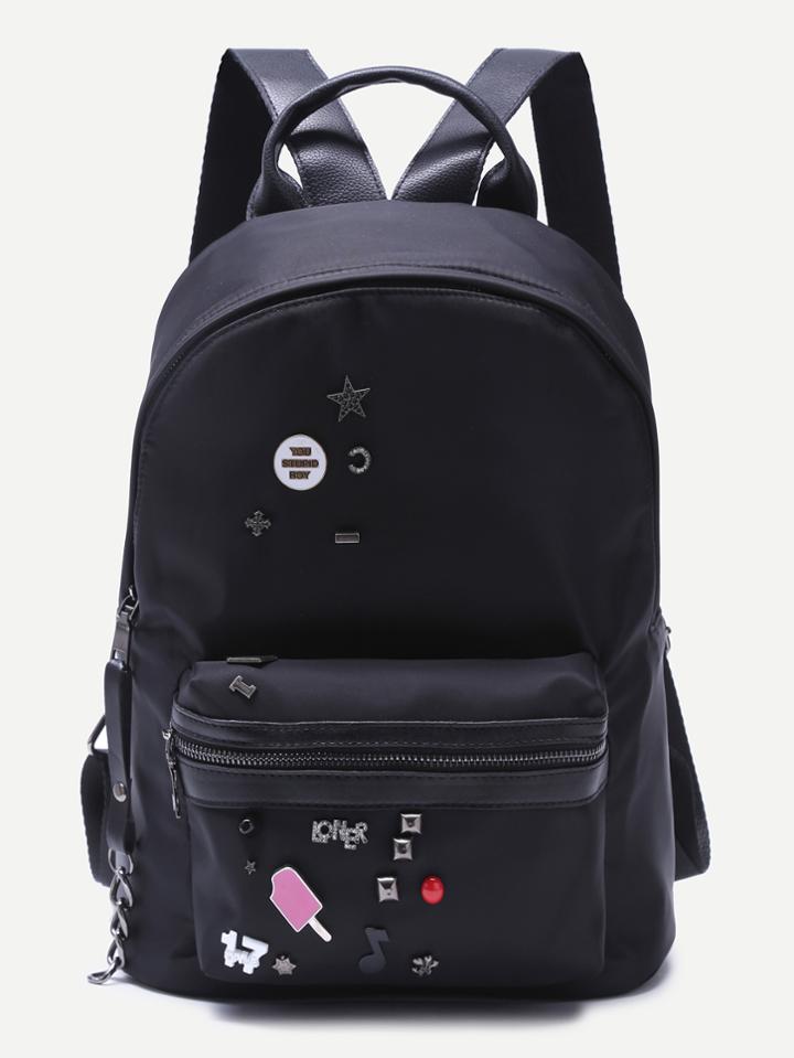Romwe Black Embellished Front Zipper Nylon Backpack