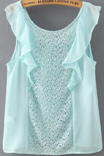 Romwe Ruffle Lace Green Tank Top