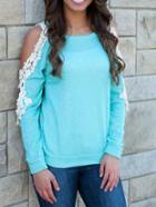 Romwe Contrast Lace Open Shoulder Green T-shirt