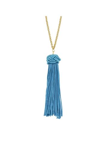 Romwe Blue Long Chain With Gray Blue Black Brown Tassel Necklace