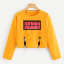 Romwe Double Zip Detail Letter Print Crop Tee