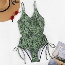 Romwe Graphic Print Tie Side One Piece Swimwear