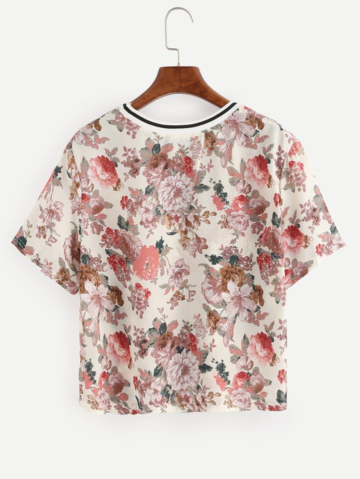 Romwe Striped Neck Multicolor Flower Print T-shirt
