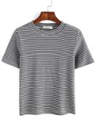 Romwe Striped Crew Neck Grey T-shirt