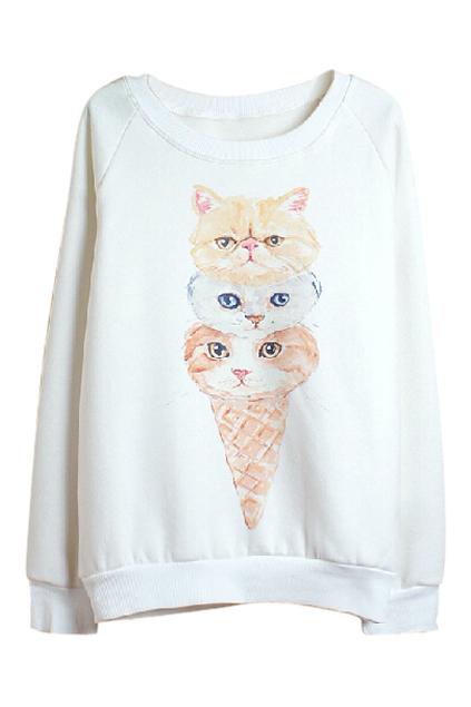 Romwe Icecream Cat Print White Sweatshirt