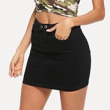 Romwe Solid Pocket Denim Skirt