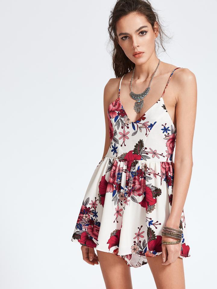 Romwe White Florals Criss Cross Backless Romper