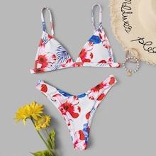 Romwe Floral Triangle Top With High Cut Bikini Set