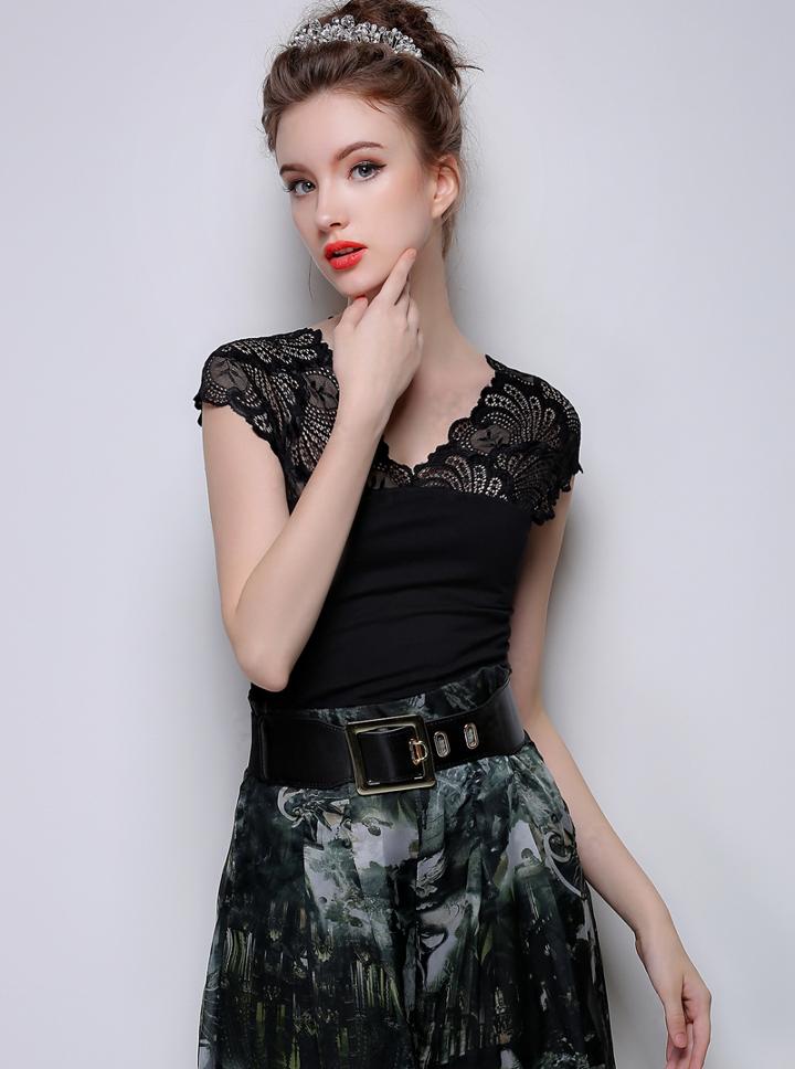 Romwe V Neck Lace Insert Slim Black Top