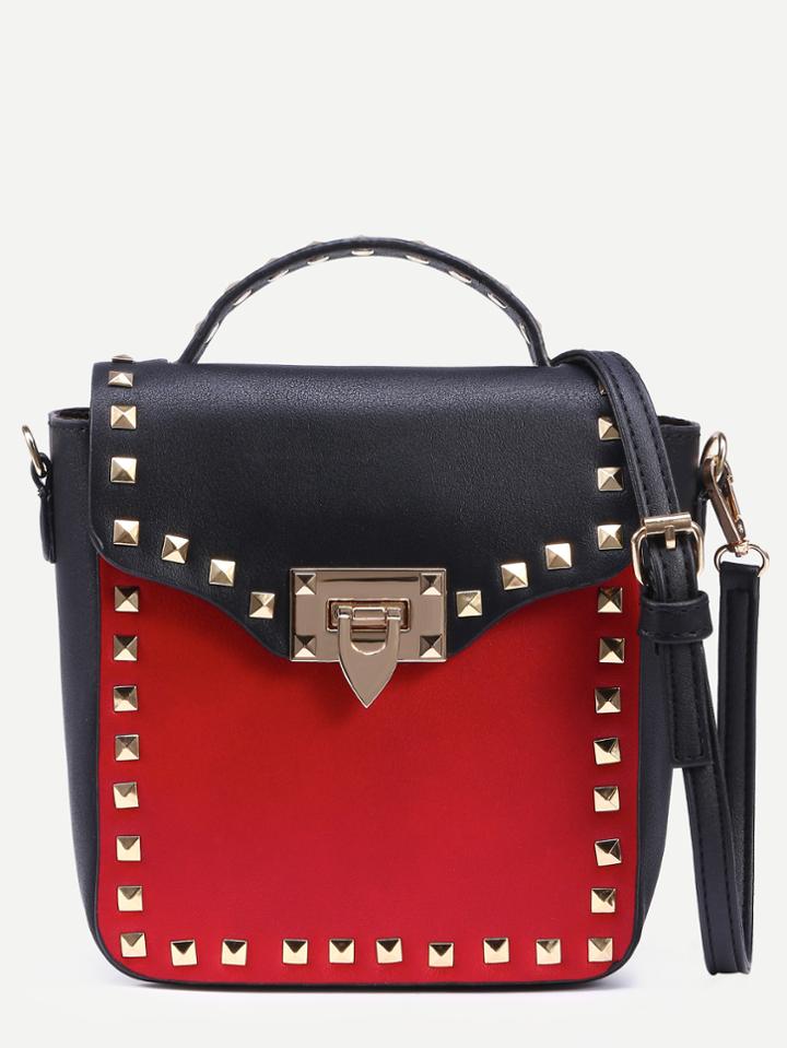 Romwe Contrast Studded Box Handbag With Strap