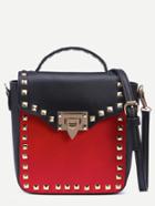 Romwe Contrast Studded Box Handbag With Strap