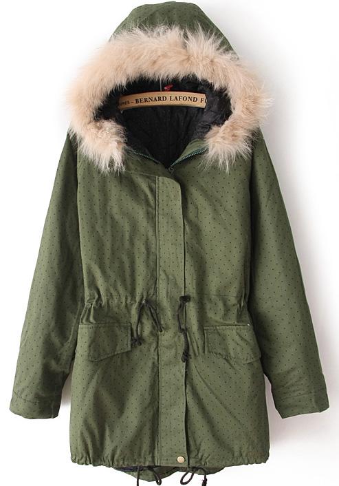 Romwe Hooded Pockets Loose Polka Dot Coat