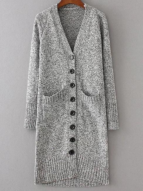 Romwe Light Grey Button Up Front Pocket Longline Sweater Coat