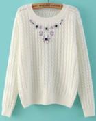 Romwe White Long Sleeve Embroidered Cable Knit Sweater