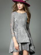 Romwe Grey Round Neck Length Sleeve Contrast Lace Jacquard Dress