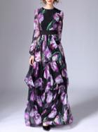 Romwe Black Elastic-waist Ruffle Flowers Print Maxi Dress