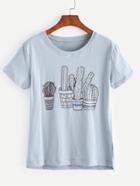 Romwe Blue Potted Cactus Print T-shirt