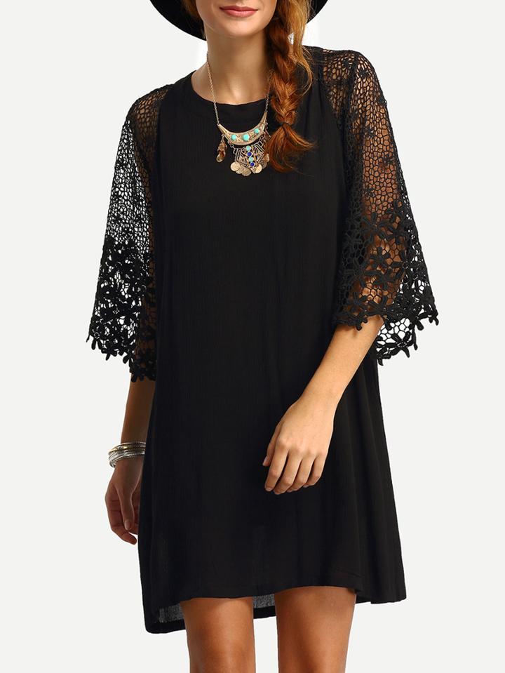 Romwe Hollow Out Crochet Sleeve Tunic Dress