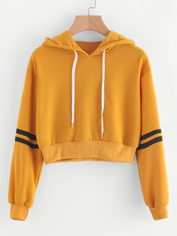 Romwe Varsity-striped Drawstring Crop Hoodie