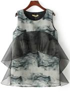 Romwe Black Sleeveless Ink Print Ruffle Dress