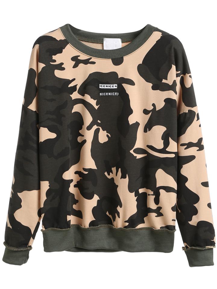 Romwe Army Green Camo Print Drop Shoulder Sweatshirt