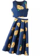 Romwe Blue Sleeveless Floral Crop Top With Skirt