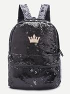 Romwe Black Sequin Overlay Crown Detail Backpack