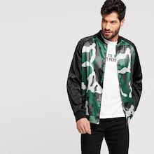 Romwe Guys Solid Raglan Sleeve Satin Camo Bomber Jacket