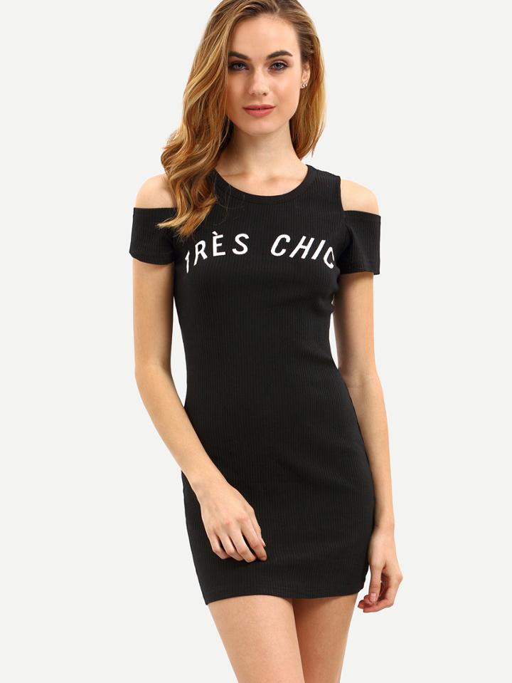 Romwe Black Cold Shoulder Letter Print Dress