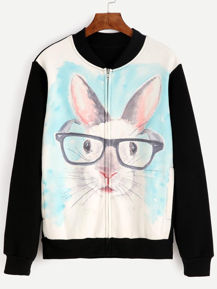 Romwe Black Rabbit Print Zip Jacket
