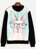 Romwe Black Rabbit Print Zip Jacket