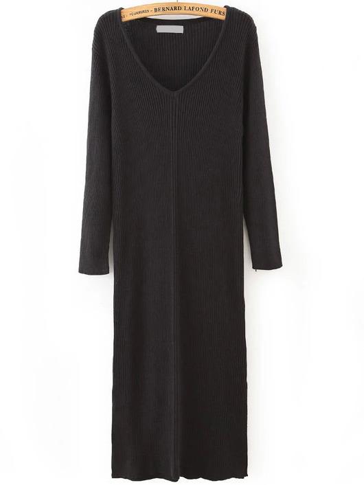 Romwe V Neck Split Side Black Sweater Dress