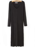 Romwe V Neck Split Side Black Sweater Dress