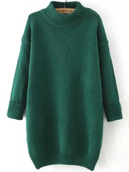 Romwe Polo Neck Dropped Shoulder Seam Dark Green Sweater Dress