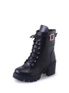 Romwe Lace Up Buckle Detail Lug Sole Boots