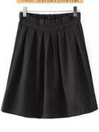 Romwe Elastic Waist Single Button Pleated Black Skirt