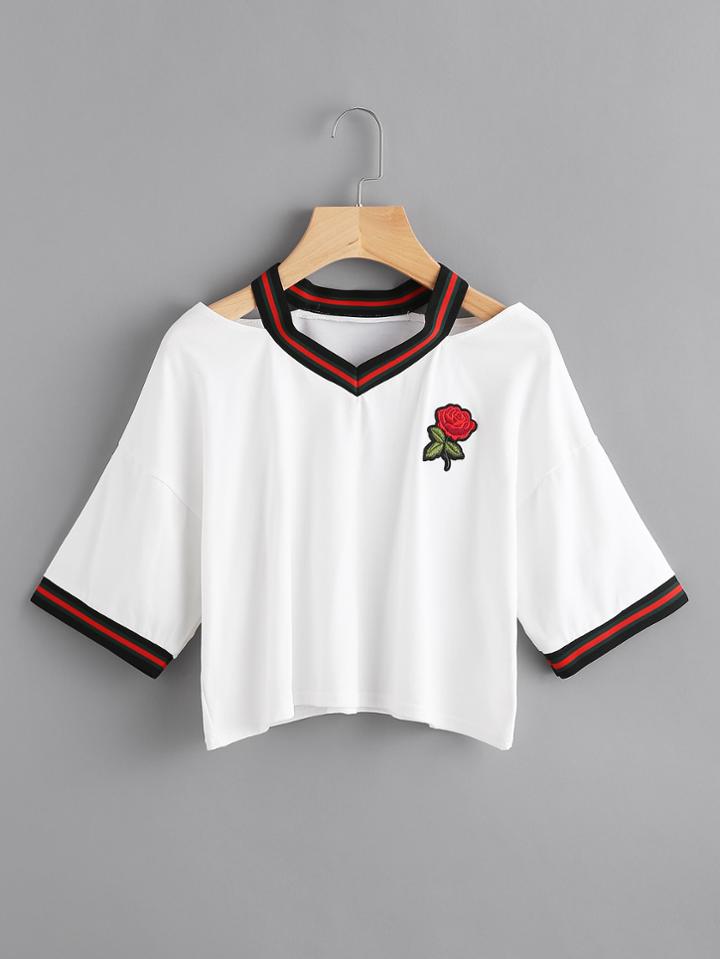 Romwe Cut Out Neck Rose Patch Contrast Trim Tee
