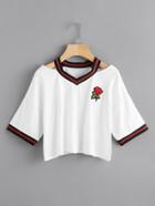 Romwe Cut Out Neck Rose Patch Contrast Trim Tee