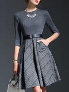 Romwe Grey Round Neck Length Sleeve Drawstring Pockets Dress