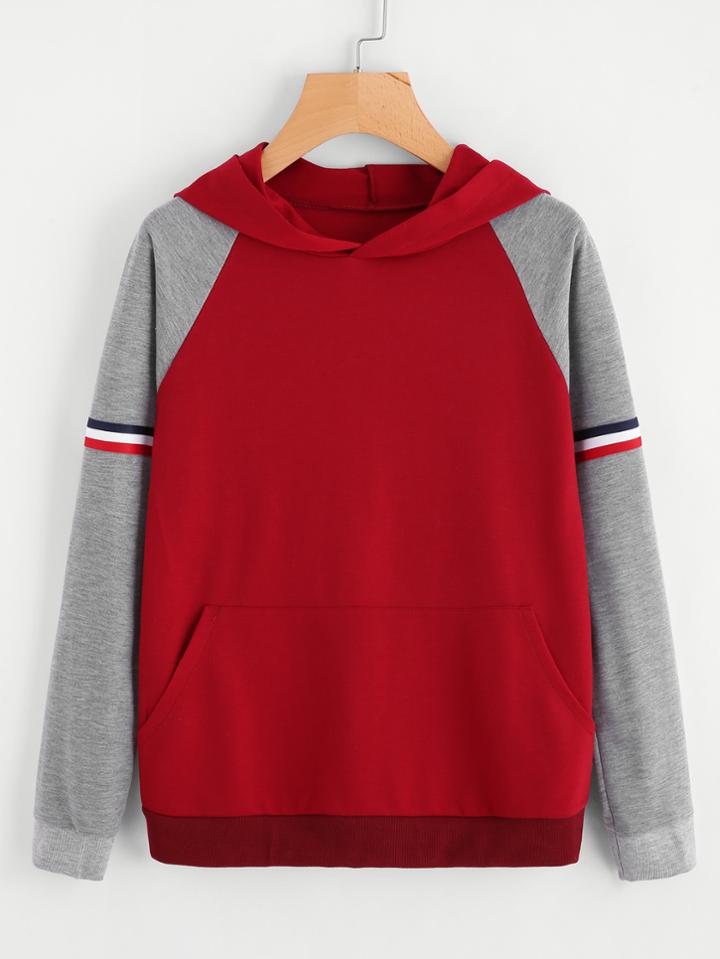 Romwe Contrast Raglan Sleeve Tape Detail Hoodie