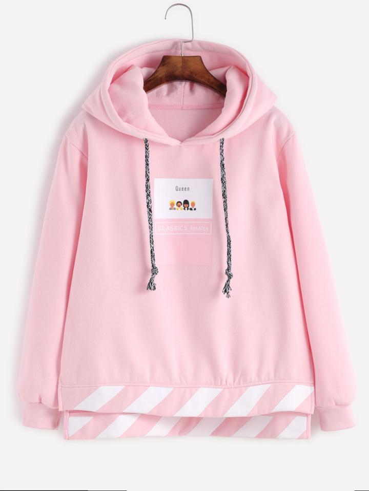 Romwe Pink Cartoon Print High Low Drawstring Hooded Sweatshirt