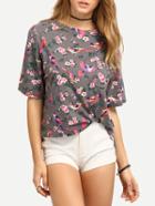 Romwe Flower & Bird Print High-low T-shirt