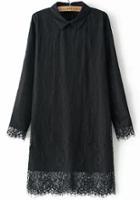 Romwe Black Lapel Long Sleeve Hollow Lace Dress