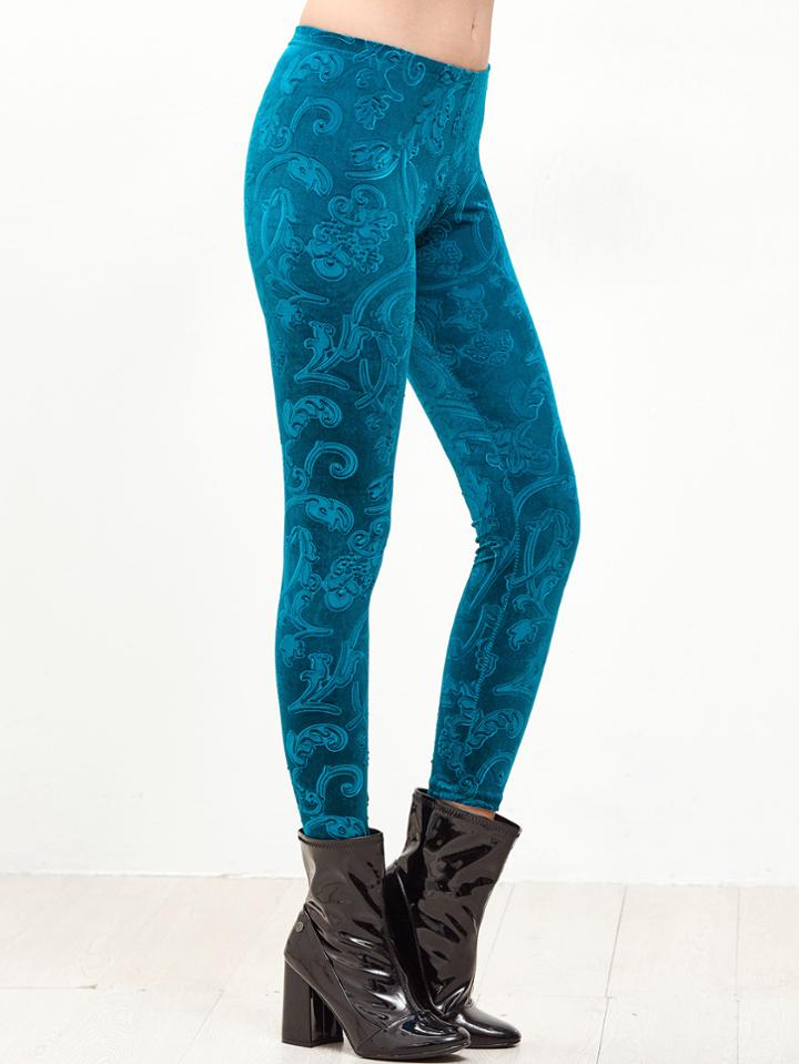 Romwe Blue Embossed Skinny Velvet Leggings