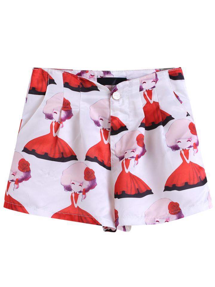 Romwe With Button Catoon Print Shorts