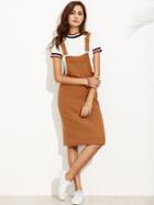 Romwe Khaki Ribbed Overall Dress With Pockets