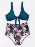 Romwe Palm Tree Print High Rise Bikini Set